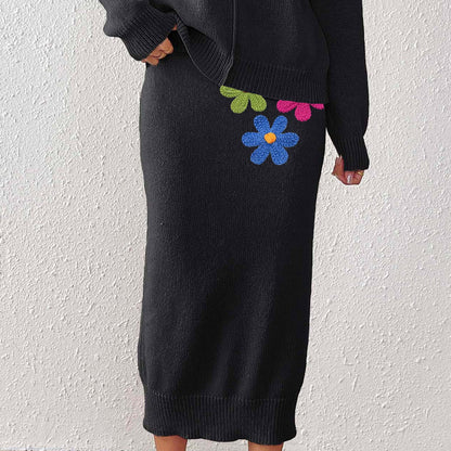 Women Clothing Mid Length Elegant Skirt Embroidered Floral Stitching Woolen Skirt - Wanita Store