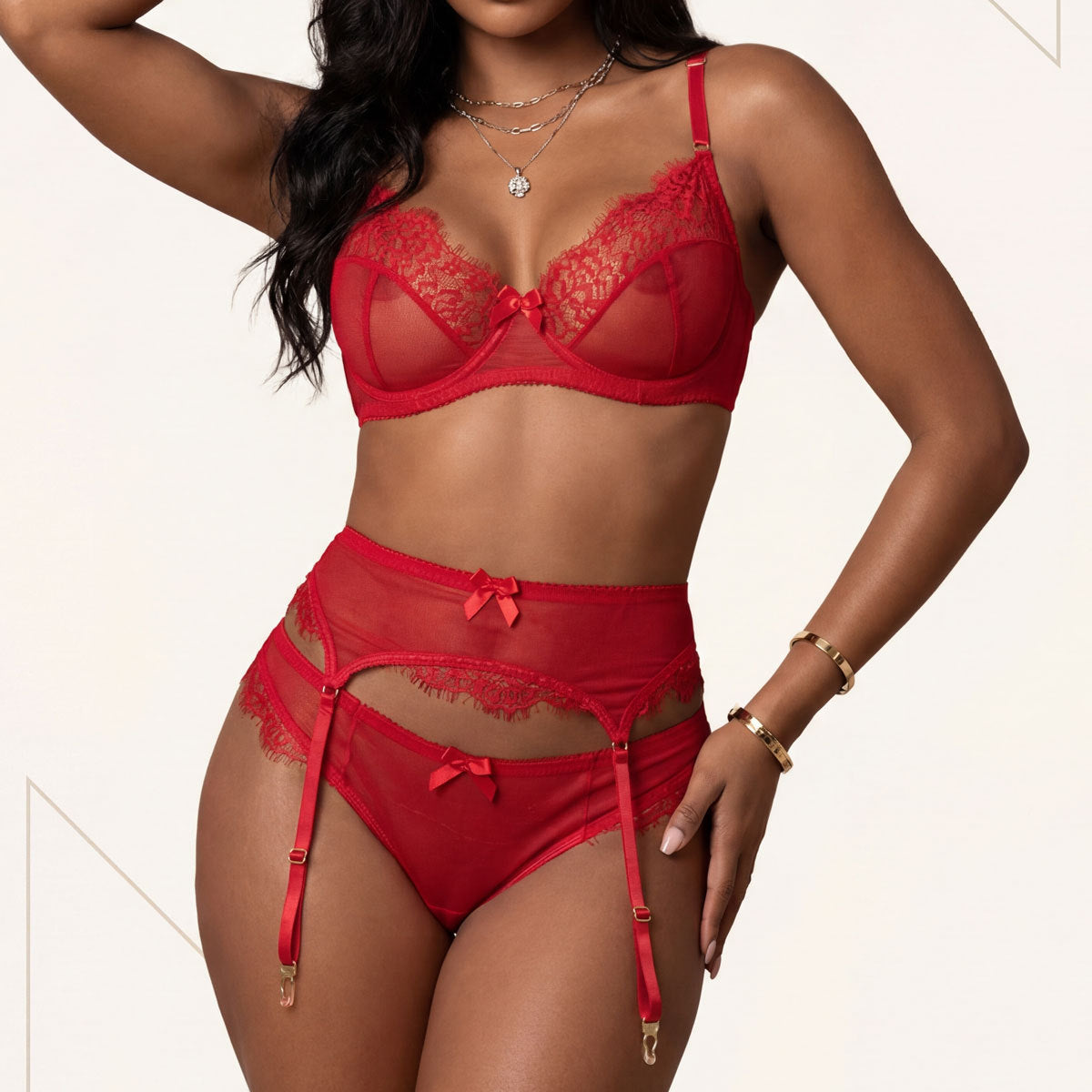 French Red Lace Sexy Three Piece Set Mesh See through Ultra Thin Gathering Bra Sexy Lingerie Women