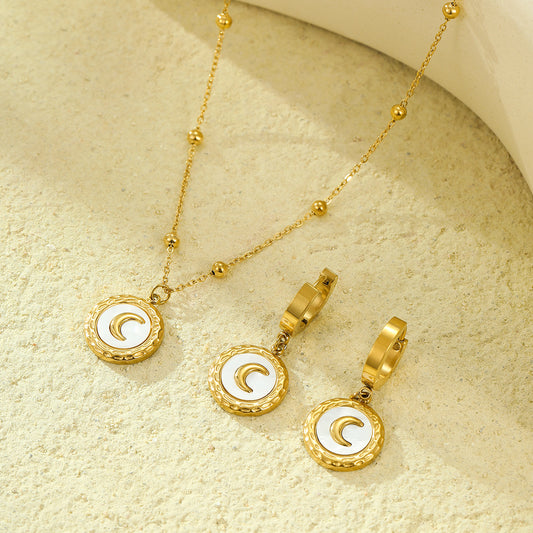18K Stainless Steel Shell Moon Necklace Niche Retro Easy Matching Embellished Titanium Steel Necklace Earrings - Wanita Store