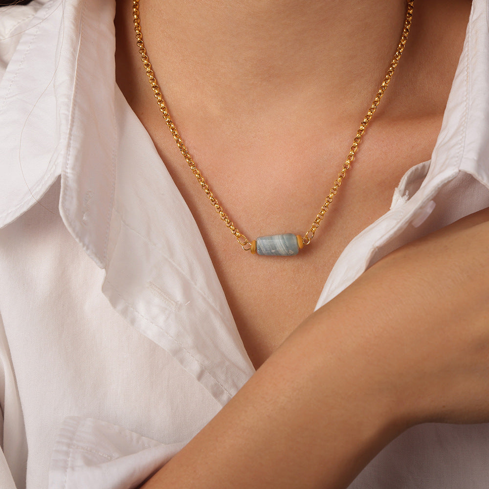 Retro Personalized Minority Titanium Steel Gold Plated Geometric Abstract Irregular Asymmetric Natural Stone Embellished Necklace Ornament Women - Wanita Store