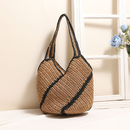 Niche Geometric Abstract Shoulder Straw Bag Color Contrast Large Capacity Straw Bag Woven Bag Seaside Vacation Beach Bag - Wanita Store