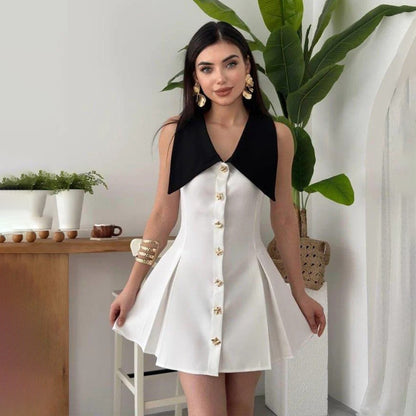 Summer Elegant Collared Sleeveless Waist A line Dress Single Breasted Waist Dress - Wanita Store