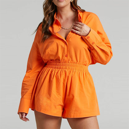 Spring Summer Two Piece Set Solid Color Single Breasted Long Sleeve Collared Shirt Shorts Loose Casual Set - Wanita Store