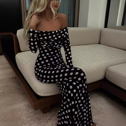 Spring Summer Gauze Polka Dot Stitching off Shoulder Sexy Slim Dress for Women - Wanita Store