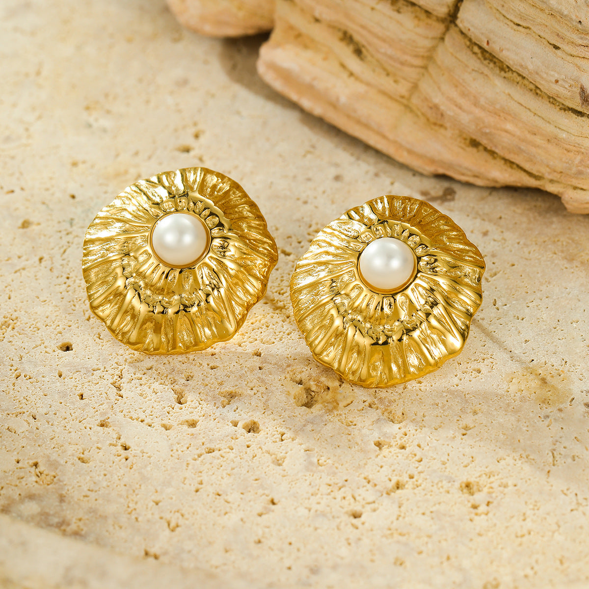 Simple Titanium Steel Geometric Abstract Pleated Pearl Stainless Steel Studs High Grade Delicate Earrings Women - Wanita Store