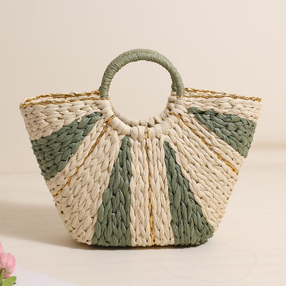 Pastoral Large Capacity Portable Straw-Weaved Bag Contrast Color Hand Carrying Straw Bag Woven Bag Vacation Beach Bag Vegetable Basket - Wanita Store