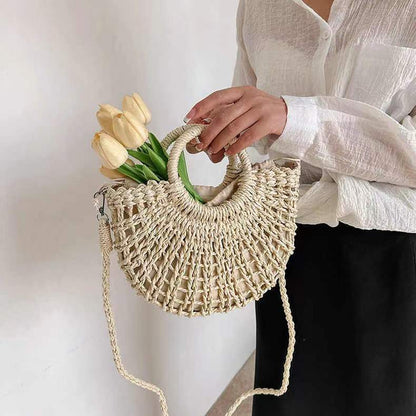 Simple Semicircle Hollow Out Cutout Straw Bag Crossbody Straw Bag Woven Bag Vacation Beach Bag Women Bag - Wanita Store