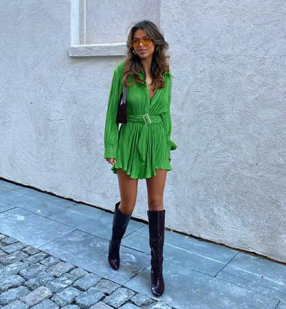 Spring Summer Popular Fashionable Pleated Long Sleeved Shirt Belt Dress - Wanita Store