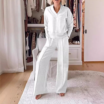 Autumn Casual V neck Long Sleeve Loose Top Wide Leg Pants Two Piece Set - Wanita Store