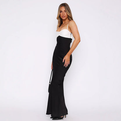 French Contrast Color off Shoulder Tube Top Cinched Waist Slim Sexy Bag Hip Length Dress - Wanita Store