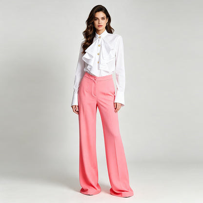 Pantalones de trabajo anchos de otoño para mujer, color rosa sandía, adornados, de aspecto fresco