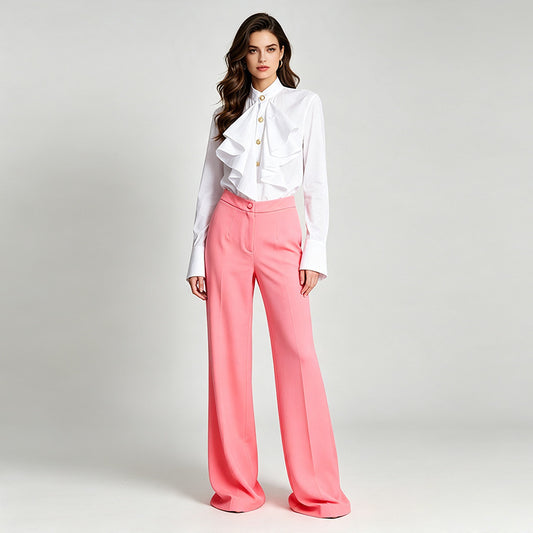 Pantalones de trabajo anchos de otoño para mujer, color rosa sandía, adornados, de aspecto fresco