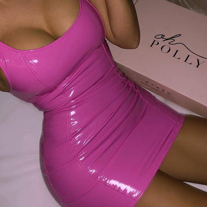 Metallic Coated Fabric Faux Leather Solid Color Sling Dress Women Tight Leather Sexy Sleeveless Leather Sexy Hip - Wanita Store