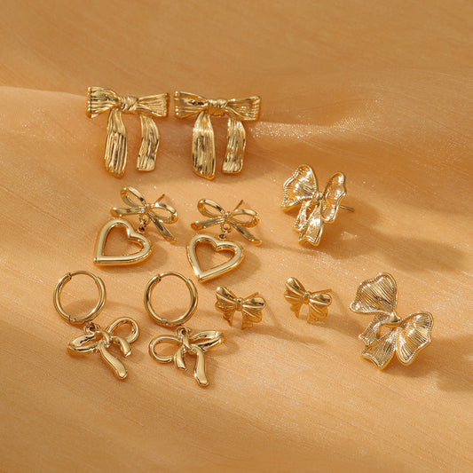 Sweet Bow Design Titanium Steel Earrings Women Entry Lux 18K Gold Plated Stainless Steel Studs - Wanita Store