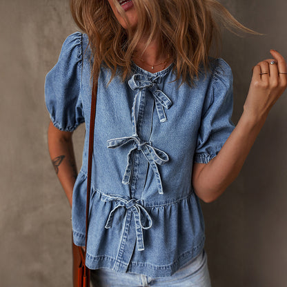 Summer Solid Color Denim Shirt Women Casual All Matching Pullover round Neck Puff Sleeve Top Women - Wanita Store
