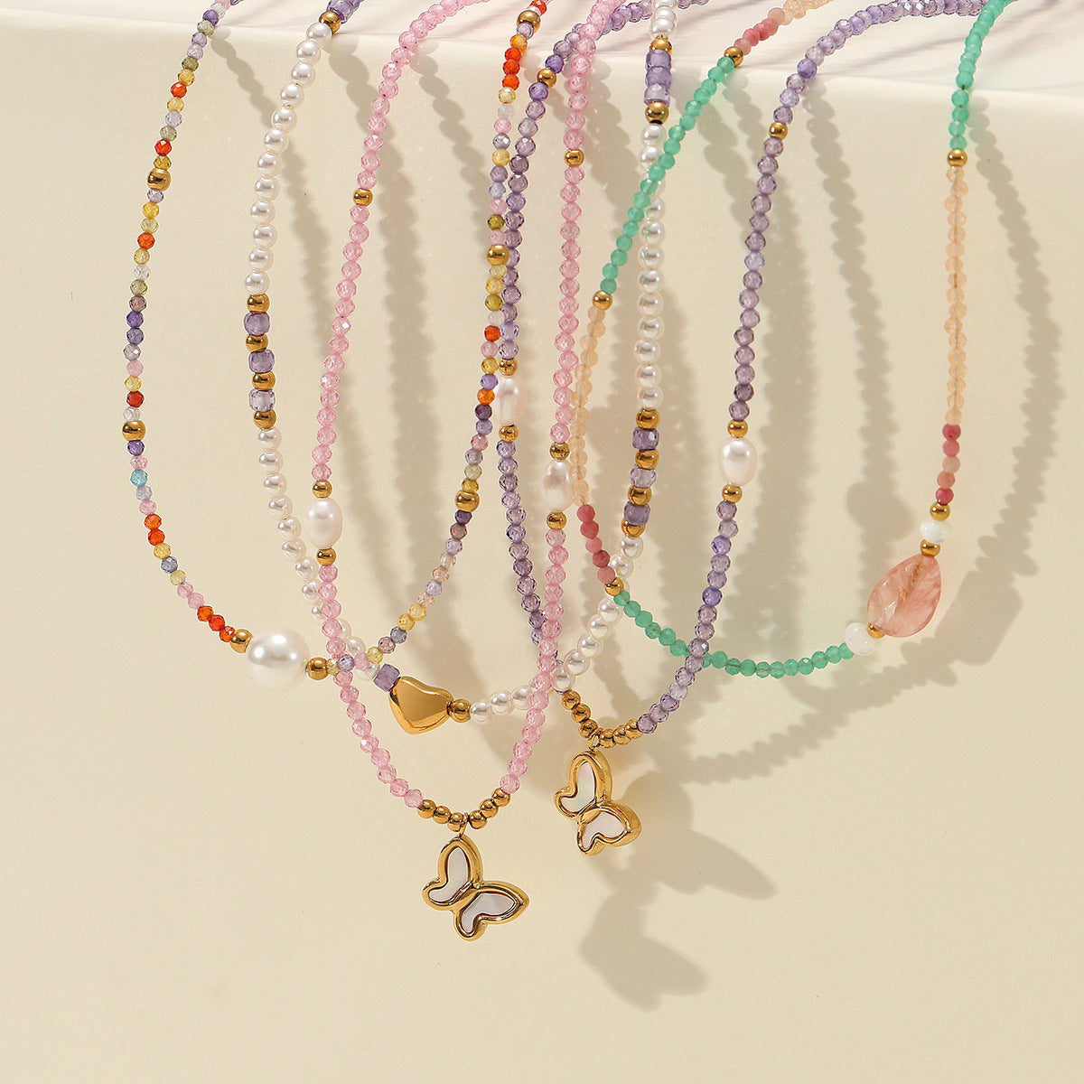 Colorful Freshwater Pearl Natural Stone Handmade Beaded Titanium Steel Necklace Niche Design Butterfly Embellished - Wanita Store