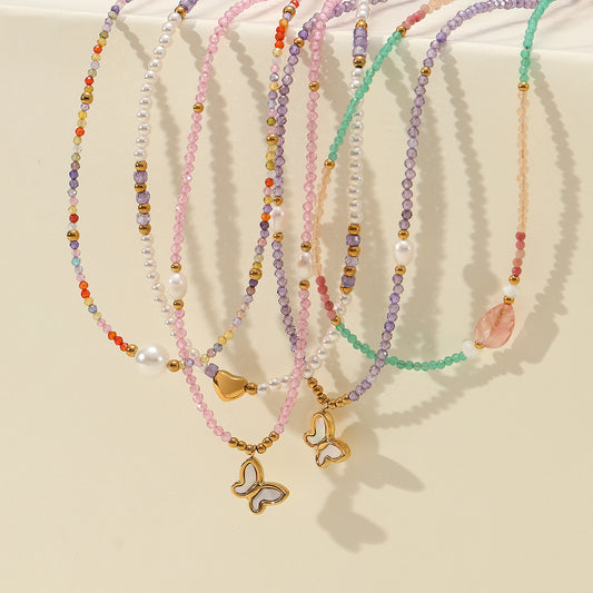 Colorful Freshwater Pearl Natural Stone Handmade Beaded Titanium Steel Necklace Niche Design Butterfly Embellished - Wanita Store