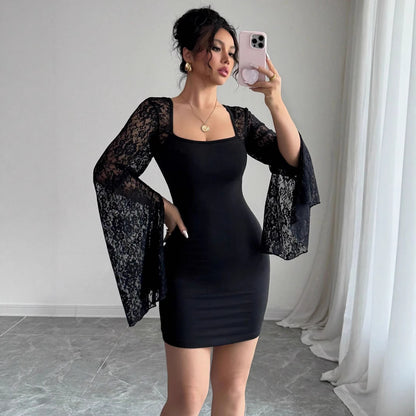 Autumn Bell Sleeve Split Solid Color Lace Stitching Square Collar Hip Bag Dress - Wanita Store