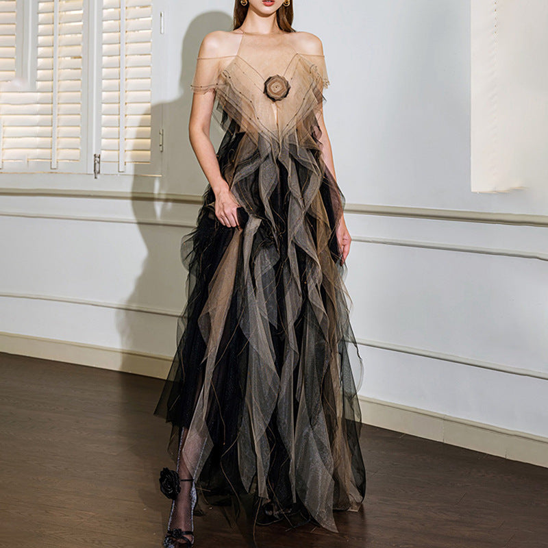 Graceful Formal Dress Fall Sexy Cold Shoulder Mesh Floral Stitching Contrasting Color Dress Women