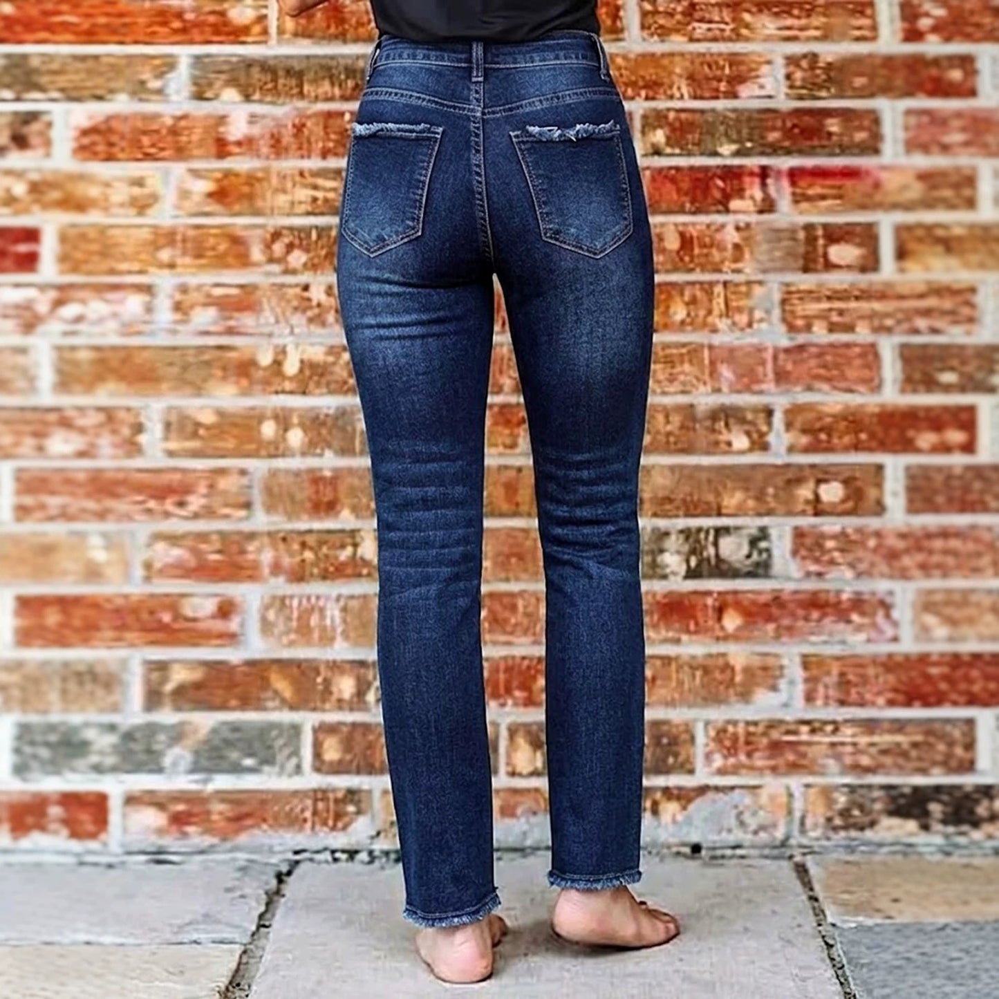 High Waist Wash Stretch Slim Fit Pants Wool Tassel Pocket Slimming Flared Frayed Hem Denim Trousers for Women