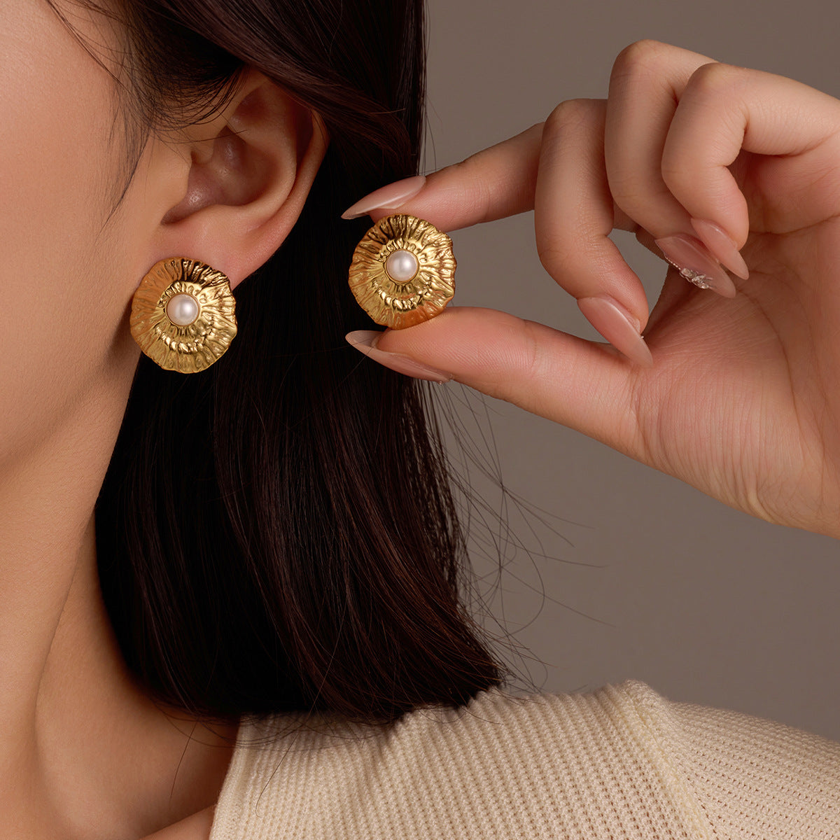 Simple Titanium Steel Geometric Abstract Pleated Pearl Stainless Steel Studs High Grade Delicate Earrings Women - Wanita Store