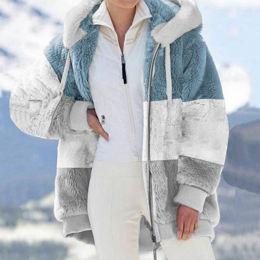 Autumn Winter Warm Plush Patchwork Zipper Pocket Hooded Loose Coat Women