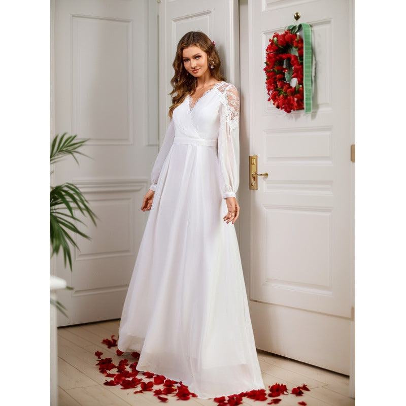 Dress Lace Long Patchwork Waist Noble Evening Dress Chiffon Wedding Clothes
