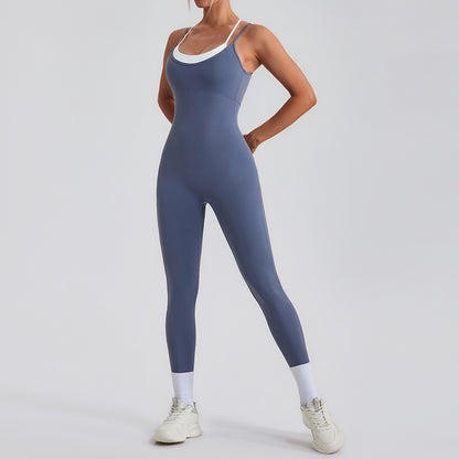 Faux Two Piece Contrast Color Sling Sports Jumpsuit One Piece Yoga Clothes Backless Outdoor Fitness One Piece - Wanita Store