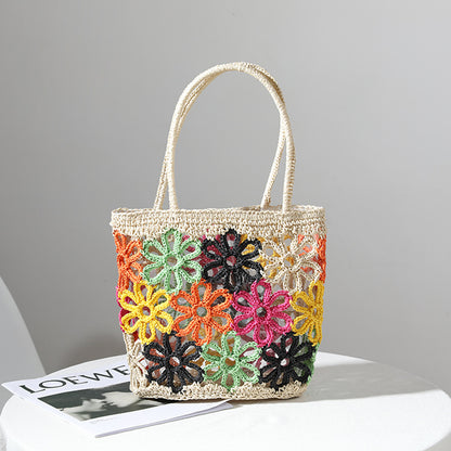 Straw Bag Summer Fresh Cutout Floral Hand Woven Bag Women Bag Portable Seaside Vacation Beach Bag - Wanita Store
