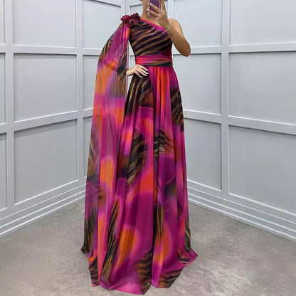 Autumn Winter Chiffon Printed Sloping Shoulder Dress Casual Loose Party Dress - Wanita Store