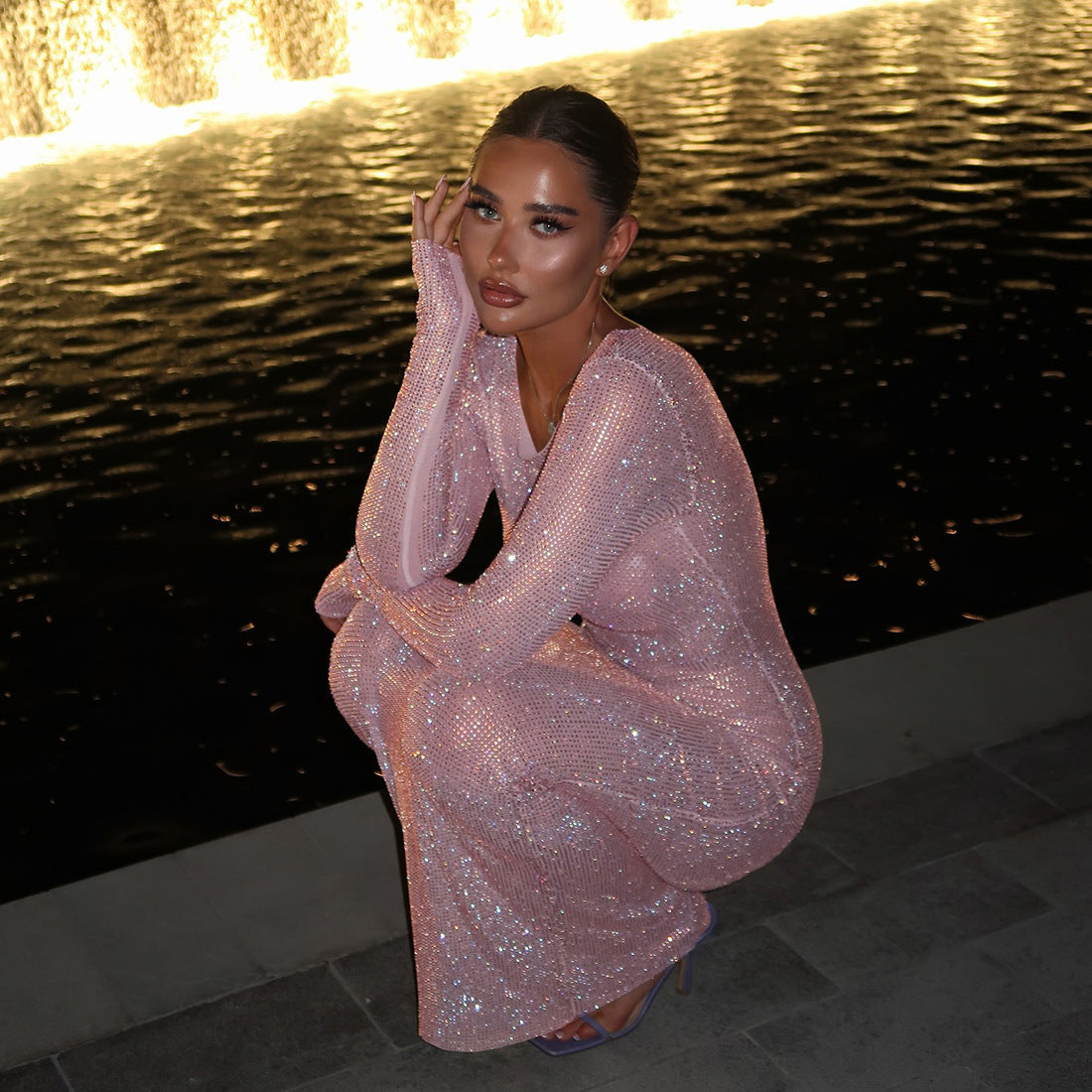 Women Clothing Autumn Slim Fit round Neck Long Sleeves Solid Color Thin Glittering Dress Maxi Dress