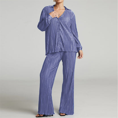 Summer Sexy Suit Women Clothing Pleated Long Sleeve V neck Shirt Casual Pants Two Piece Set - Wanita Store
