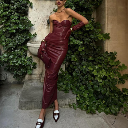 Women Clothing Elegant Faux Leather Sexy Tube Top Strap Fold Split Dress - Wanita Store