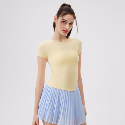 Cool Breathable Antibacterial Asymmetric Waist-Tight Sports Top Women Short Sleeved T shirt Running Training Clothes Fitness Yoga Clothes - Wanita Store