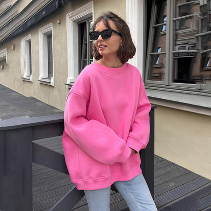 Round Neck Loose Sweatshirt Women Autumn Winter Street Solid Color Polar Fleece Pullover Sweatshirt - Wanita Store