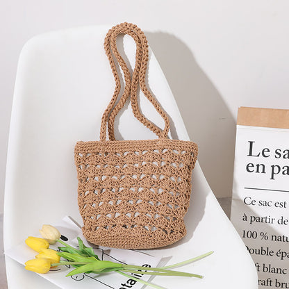 Korean Hollow Out Cutout Cotton Thread Hand Woven Bag Chi Elegant One Shoulder Portable Straw Weaved Bag Seaside Vacation Beach Bag - Wanita Store