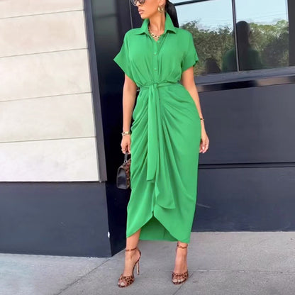 Women Clothing Dress Arrival Collared Elegant Mid Length Short Sleeve Single Breasted High Waist Shirt Dress - Wanita Store