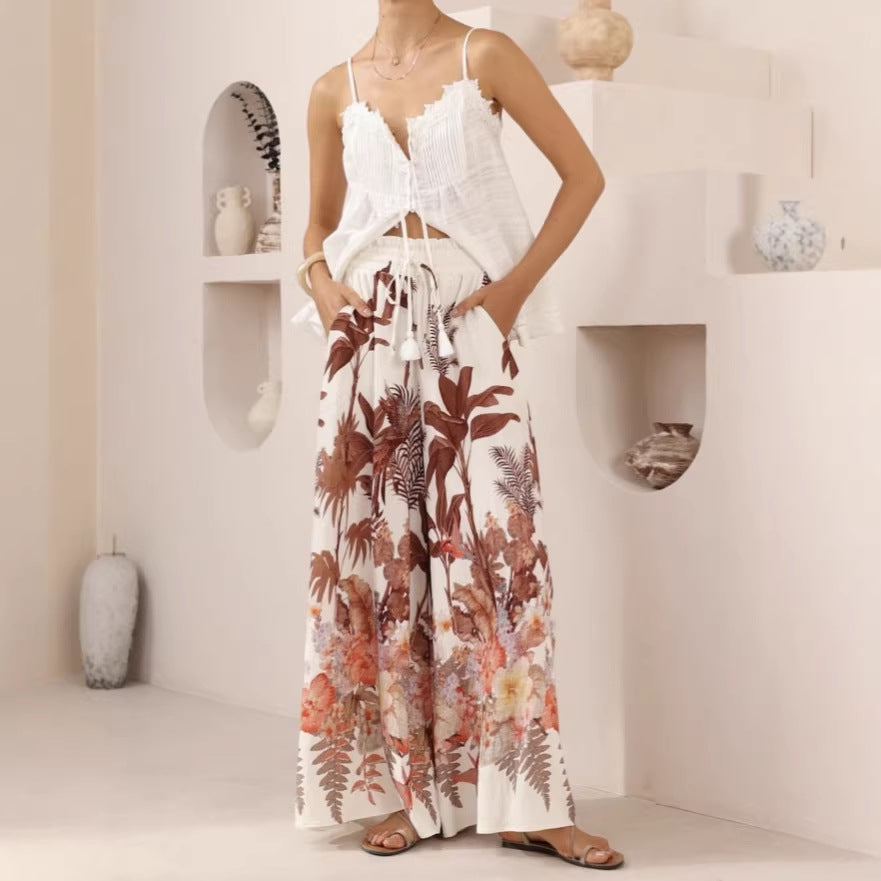 Pantalones de Verano de Pierna Ancha Estampado de Hojas Casuales Sueltos de Pierna Ancha
