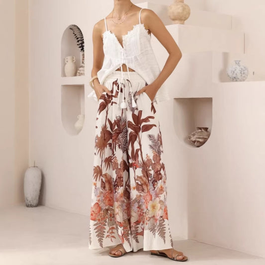 Summer Wide Leg Pants Leaf Print Casual Loose Wide Leg Pants