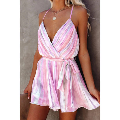 Spring Summer Suspender Pleated Chiffon Dress Home Lace up Sexy V neck Chiffon Dress - Wanita Store