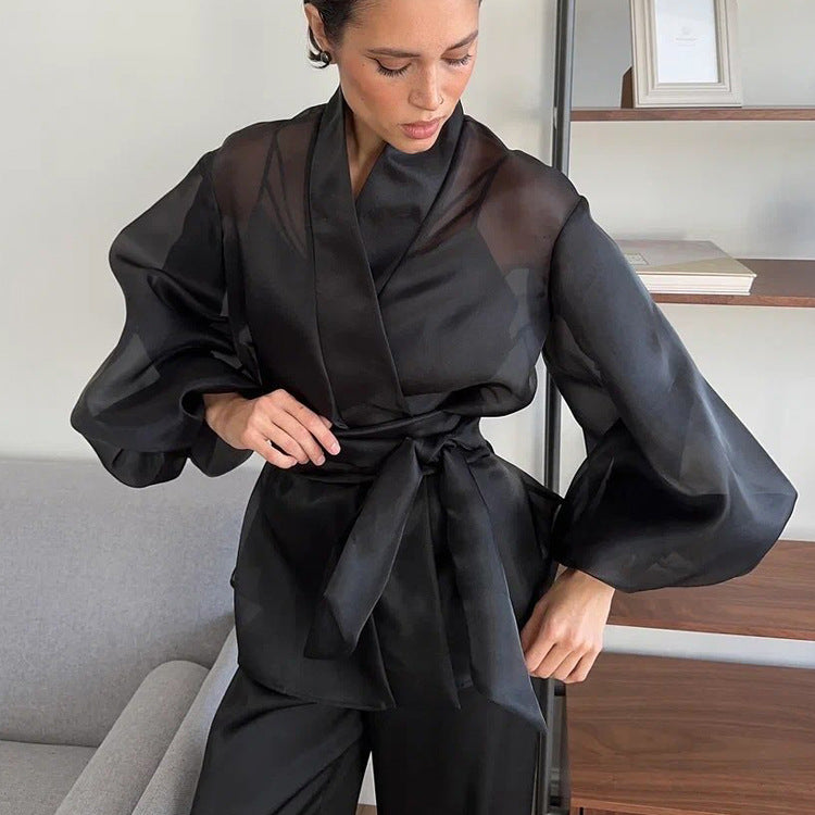 Camisa negra francesa transparente de primavera para mujer, manga abullonada, cuello en V, blusa con cordones