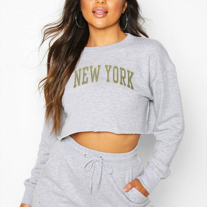 Women Clothing Autumn Winter York Letter Graphic Printing Short Loose Long Sleeves Sweatshirt - Wanita Store