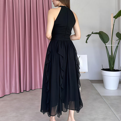 Robe d'été femme amincissante à volants et taille ajustée, style français