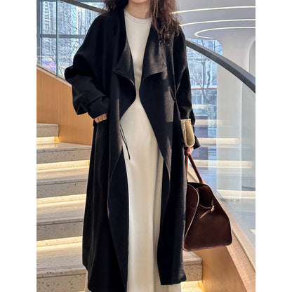 Chinese National below the Knee Trench Coat Women Mid Length Spring Drawstring Cotton Linen Coat - Wanita Store