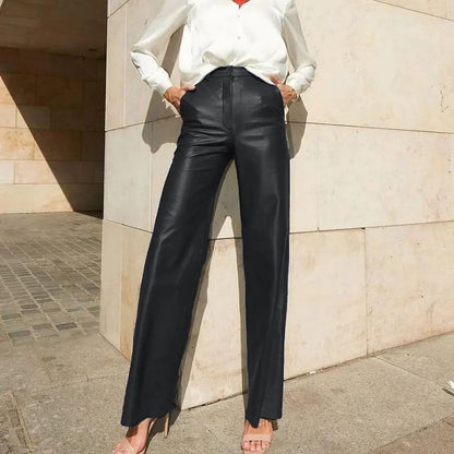 Women Clothing Spring Faux Leather Mid High Waist Hip Lifting Straight Women Casual Pants Women Pants - Wanita Store