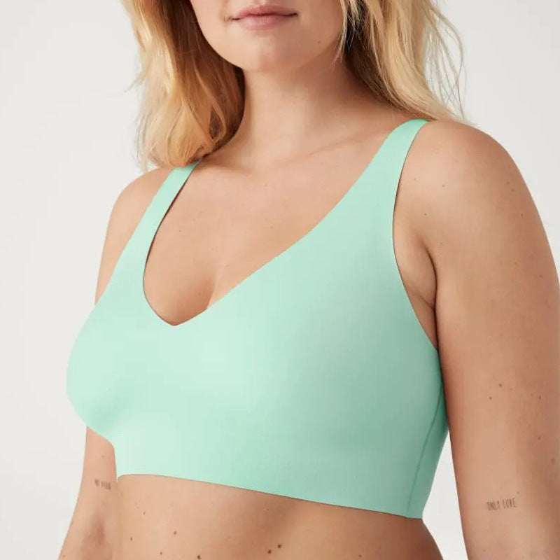 Seamless V neck Vest Underwear Women's Big Chest Small One Piece Comfortable Sleep Bra U Shaped Beauty Back Bras