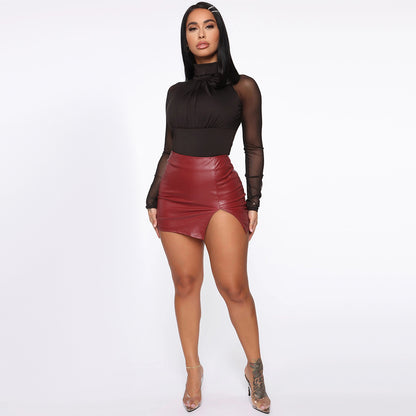 Women Skirt High Waist Hip-Wrapped Skirt Nightclub Faux Leather Zipper Sexy Black Leather Skirt - Wanita Store