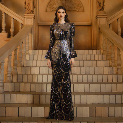 Women Clothing Long Sleeved round Neck Slim Fit Sheath Sequined Cocktail Fishtail Evening Dress - Wanita Store