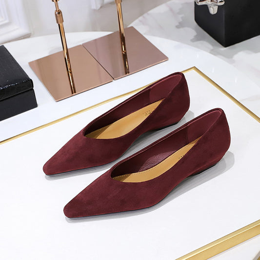 Daily Simple All Match Pointed Toe Shallow Mouth Low Heel Comfortable Suede Wedge Shoes Women Shoes