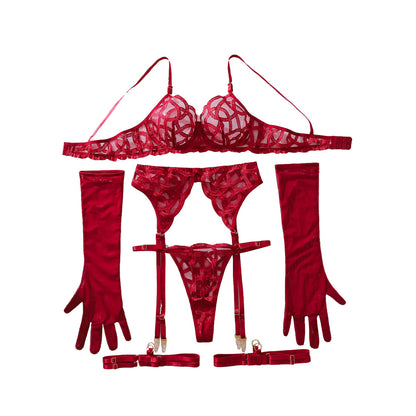 Complex Machine Embroidery See through Slim Fit Adjustable Sexy Underwear Split with Steel Ring